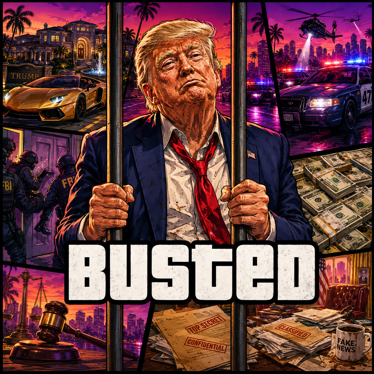Satirical BUSTED artwork showing the Crypto Baron behind bars